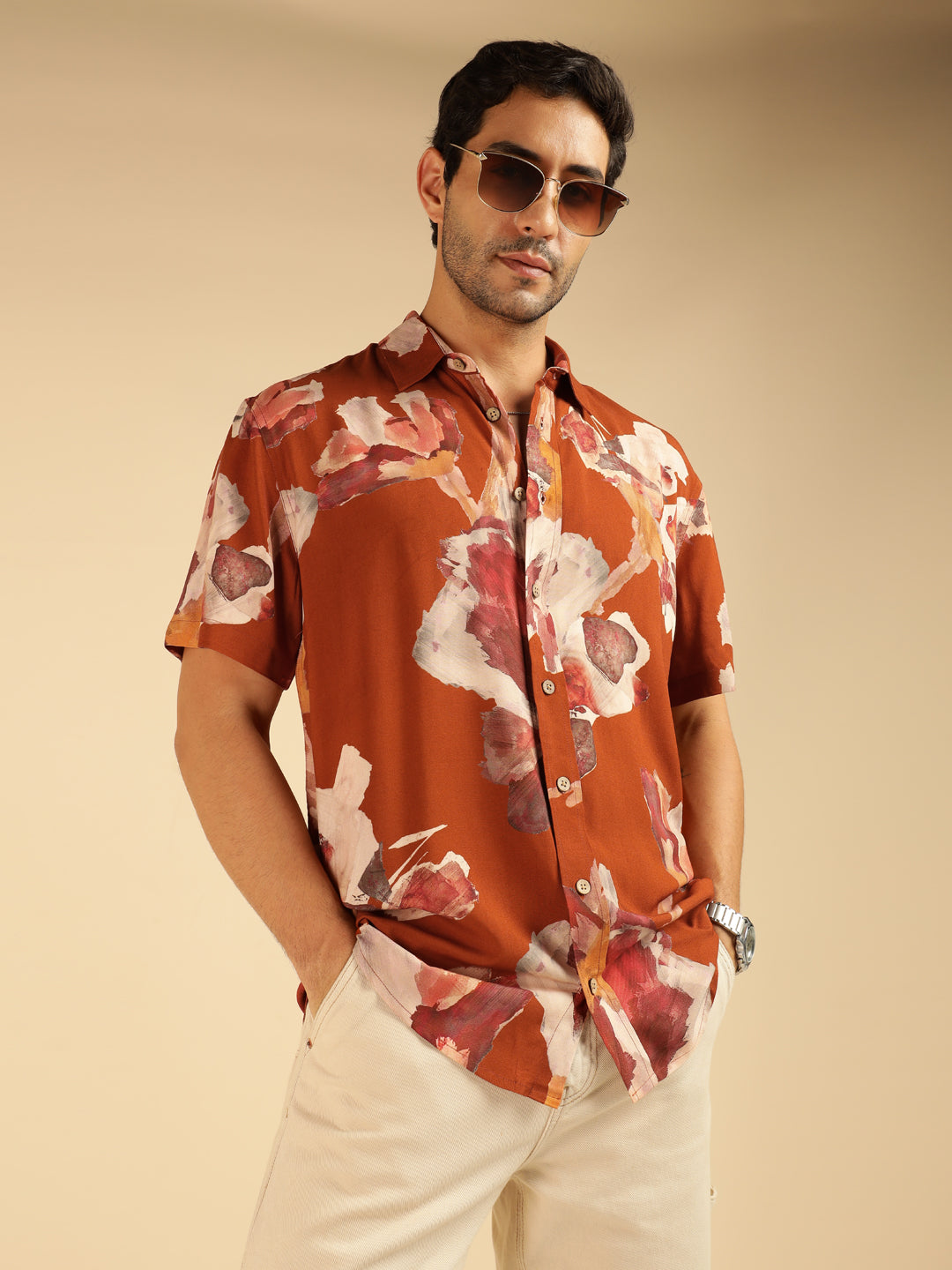 Tan Brown Abstract Printed Pure Rayon Men Casual Shirt