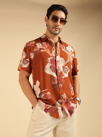 Tan Brown Abstract Printed Pure Rayon Men Casual Shirt