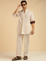 Off White Solid Pure Cotton Shirt With Pants Co-Ord Set For Men