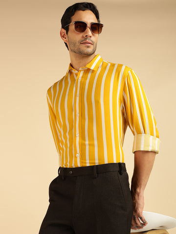 Yellow Striped Pure Rayon Men Formal Shirt