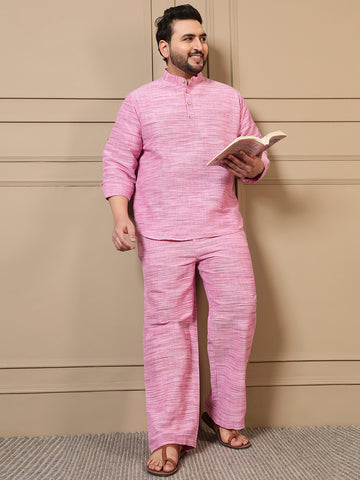 Pink Cotton Textured Kurta With Pant Men Plus Size Co-ord Set