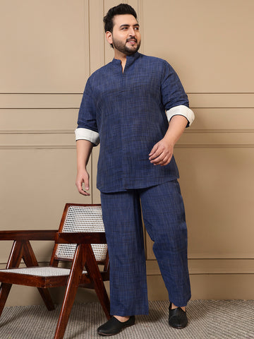 Navy Blue Cotton Textured Pleated Kurta With Pant Men Plus Size Co-ord Set