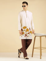 Off White Floral Placement Printed Pure Cotton Kurta For Men