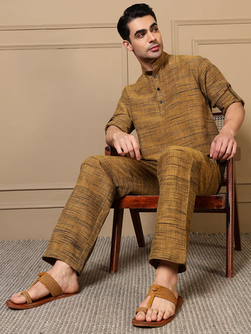 Olive Khaki Cotton Printed Men Co-ord Set