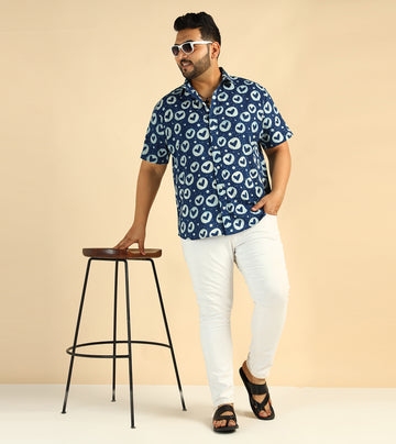 Cotton Heart Printed Plus Size Casual Indigo Men Shirt