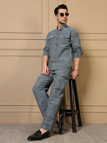 Cotton Teal Blue Textured Kurta With Pant Men Co-ord Set
