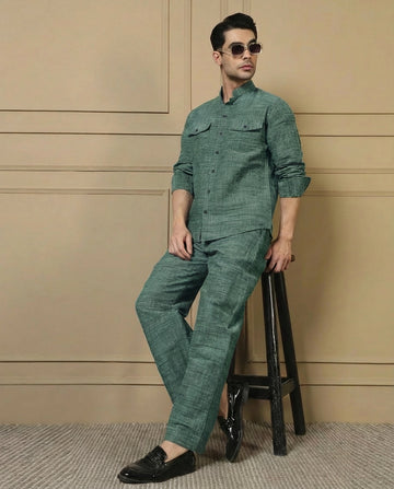 Cotton Green Blue Textured Kurta With Pant Men Co-ord Set