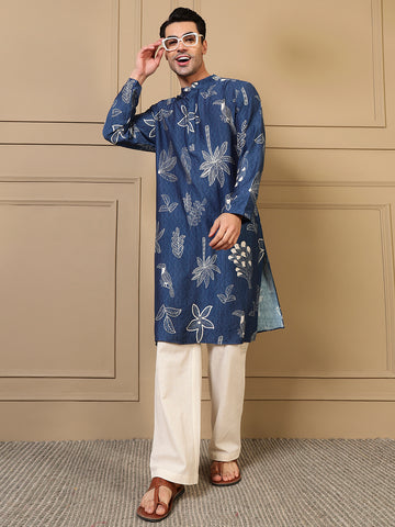 Blue Tropical Bird Printed Men Kurta