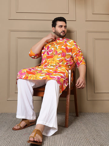Multicolor Leaf Printed Men Plus Size Kurta