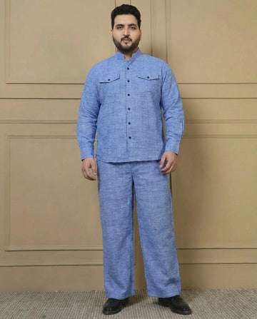 Cotton Sky Blue Blue Textured Kurta With Pant Men Plus Size Co-ord Set