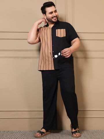Black Colour Blocked Shirt With Pant Men Plus Size Co-ord Set