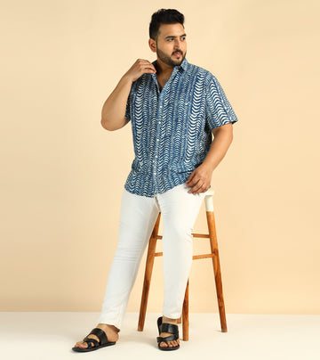 Cotton Wave Printed Plus Size Casual Indigo Men Shirt