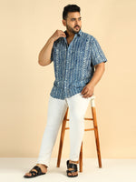 Cotton Wave Printed Plus Size Casual Indigo Men Shirt
