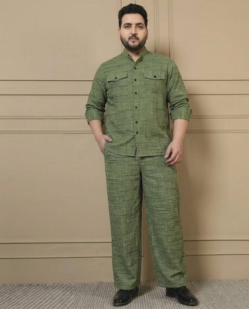 Cotton Mint Green Blue Textured Kurta With Pant Men Plus Size Co-ord Set