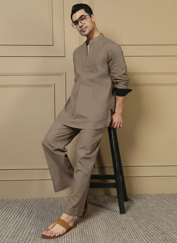 Beige Solid Pure Cotton Shirt With Pants Co-Ord Set For Men