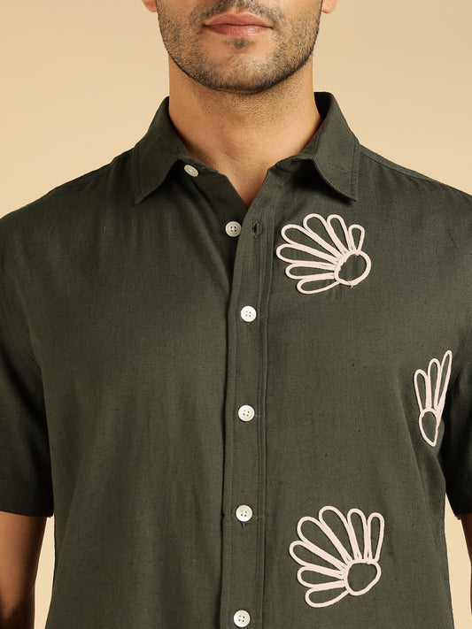 Charcoal Embroidered Pure Cotton Men Casual Shirt