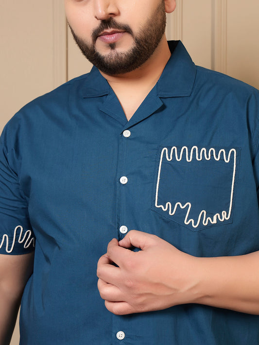 Teal Blue Cotton Embroidered Shirt With Shorts Men Plus Size Co-ord Set