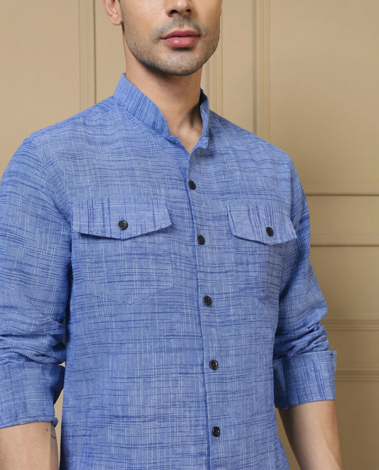 Cotton Sky Blue Blue Textured Kurta With Pant Men Co-ord Set