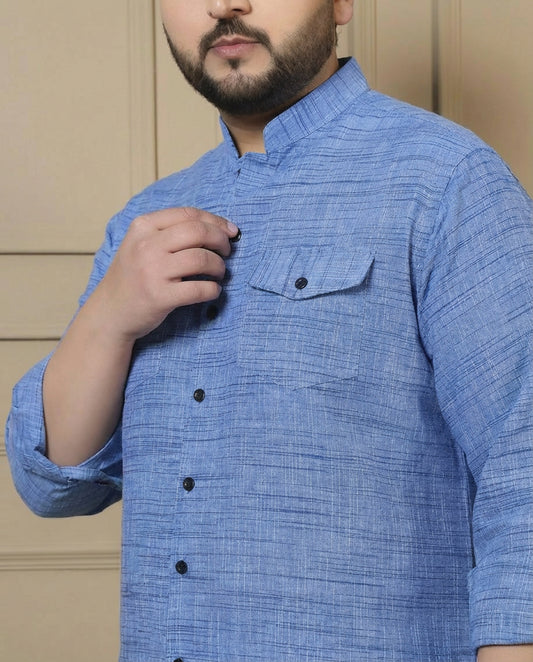 Cotton Sky Blue Blue Textured Kurta With Pant Men Plus Size Co-ord Set