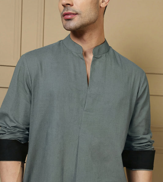 Grey Solid Pure Cotton Shirt With Pants Co-Ord Set For Men