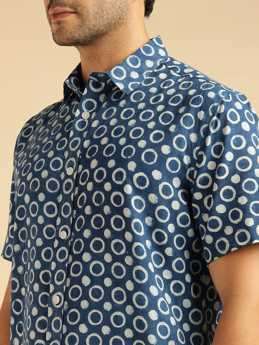 Indigo Pure Cotton Circle Printed Men Casual Shirt