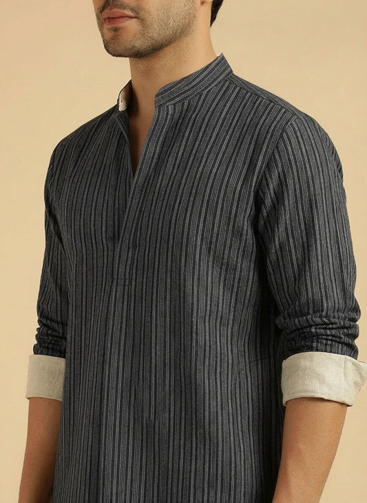 Black Cotton Textured Pleated Kurta With Pant Men Co-ord Set