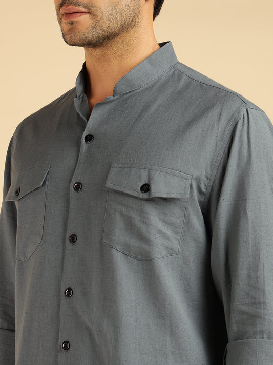 Grey Solid Pure Cotton Shirt With Pants Co-Ord Set For Men