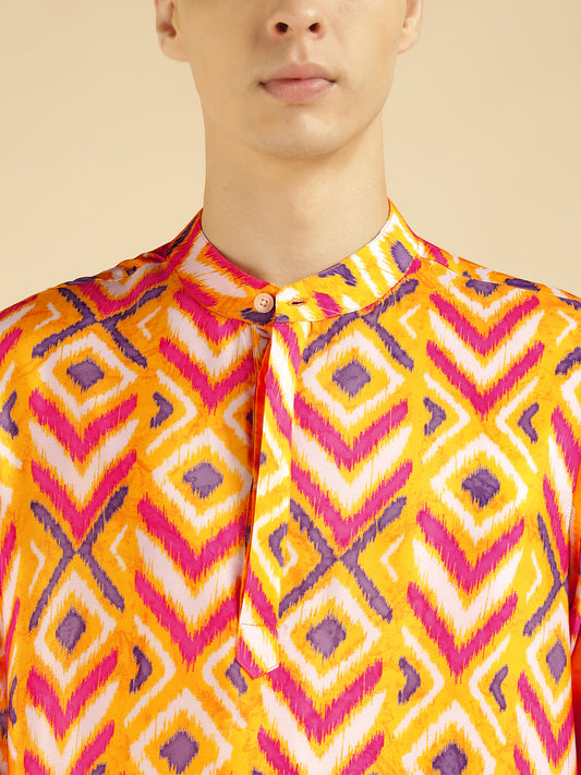 Yellow Ikkat Printed Ethnic Kurta For Men
