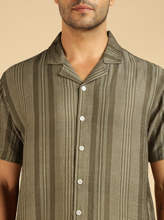 Olive Green Striped Men Casual Shirt