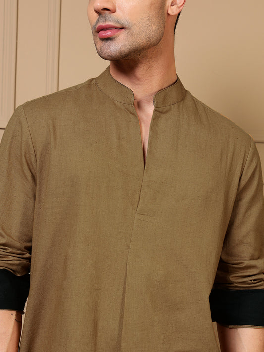 Beige Cotton Pleated Kurta With Pant Men Co-ord Set