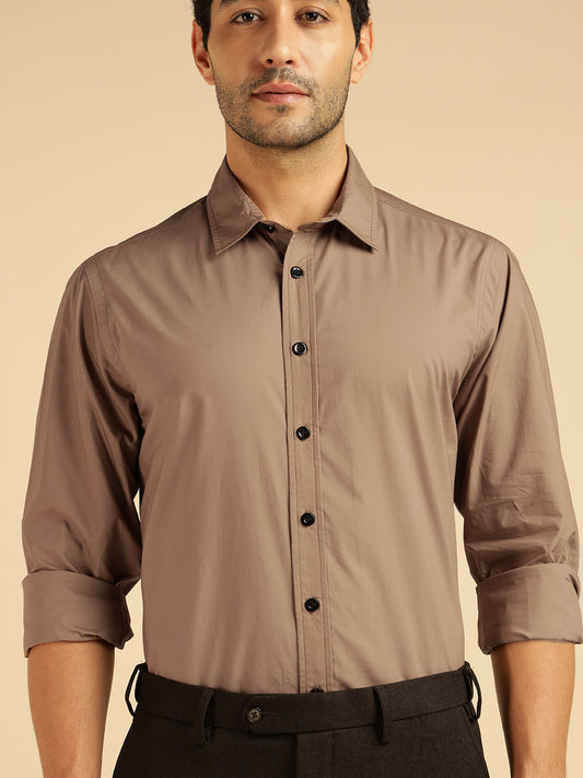 Beige Solid Pure Cotton Men Formal Shirt
