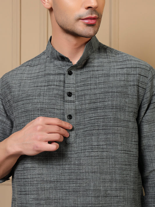 Grey Cotton Textured Printed Men Co-ord Set