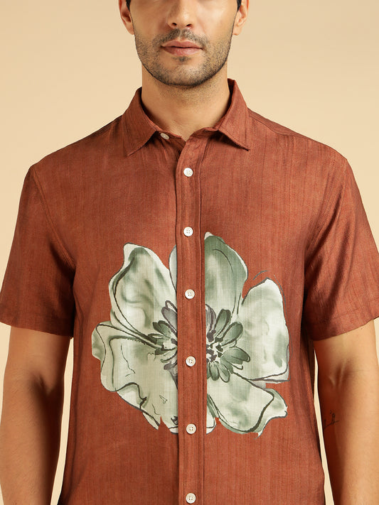 Tan Brown Placement Floral Printed Men Casual Shirt