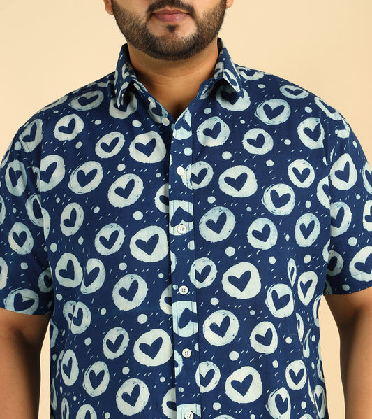 Cotton Heart Printed Plus Size Casual Indigo Men Shirt