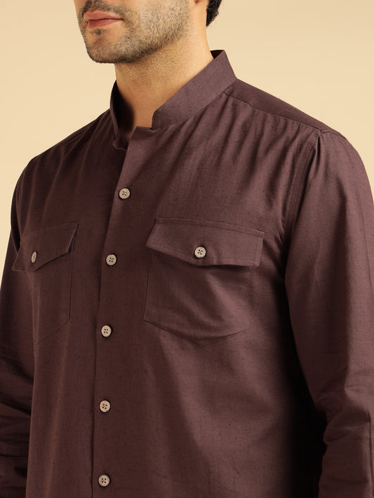 Brown Solid Pure Cotton Shirt With Pants Co-Ord Set For Men