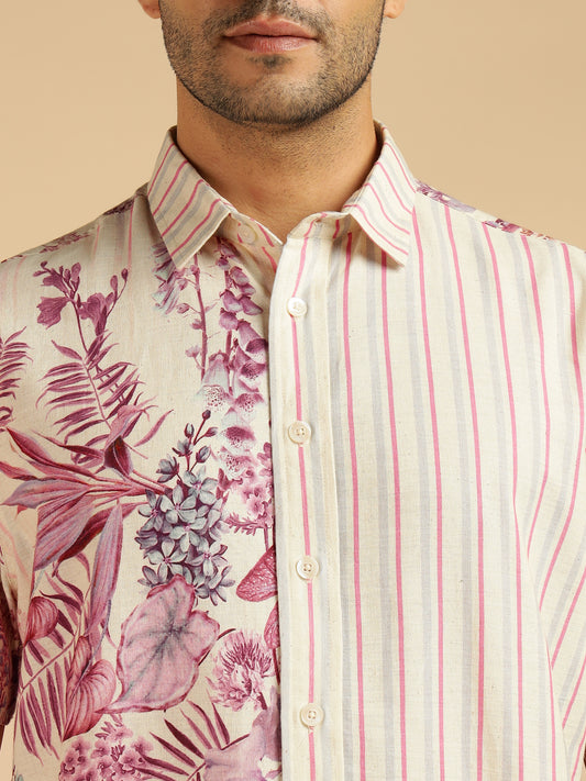 Off White Placement Floral Print With Striped Pure Cotton Men Casual Shirt