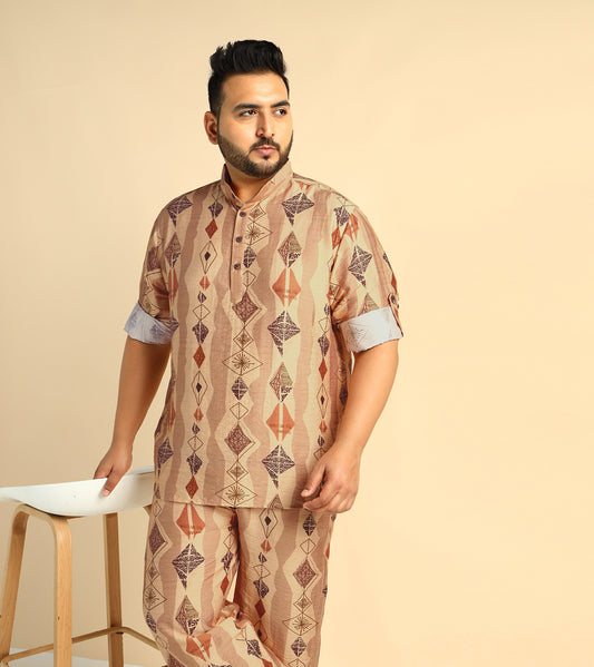 Dark Beige Geometrical Printed Men Plus Size Co-Ord Set