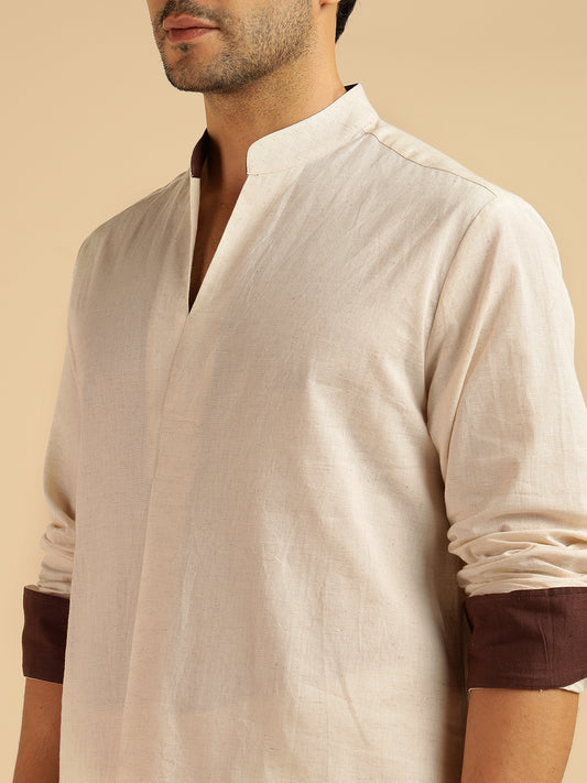 Off White Solid Pure Cotton Shirt With Pants Co-Ord Set For Men