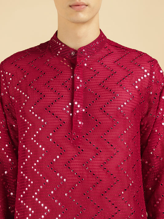 Magenta Embroidered ZigZag Ethnic Kurta For Men