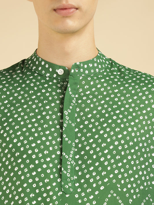 Green Bandhani Printed Pure Cotton Ethnic Kurta For Men