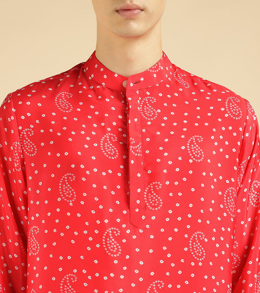 Red Paisley Bandhani Printed Ethnic Kurta For Men