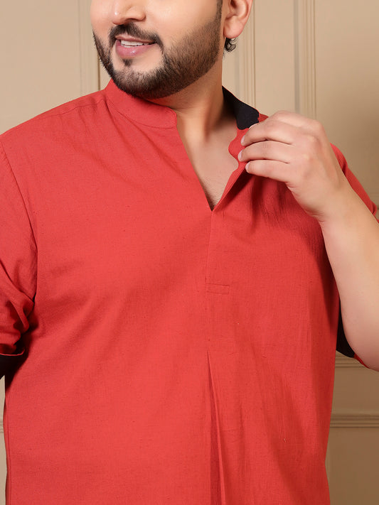 Red Orange Cotton Pleated Kurta With Pant Men Plus Size Co-ord Set