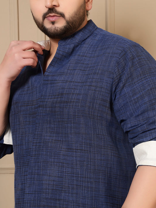 Navy Blue Cotton Textured Pleated Kurta With Pant Men Plus Size Co-ord Set