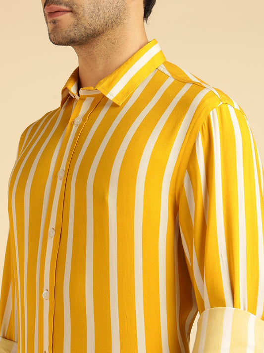 Yellow Striped Pure Rayon Men Formal Shirt