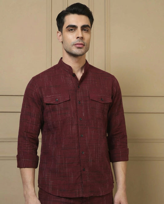 Cotton Maroon Blue Textured Kurta With Pant Men Co-ord Set