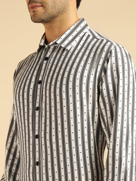 Black Striped With Heart Printed Men Formal Shirt