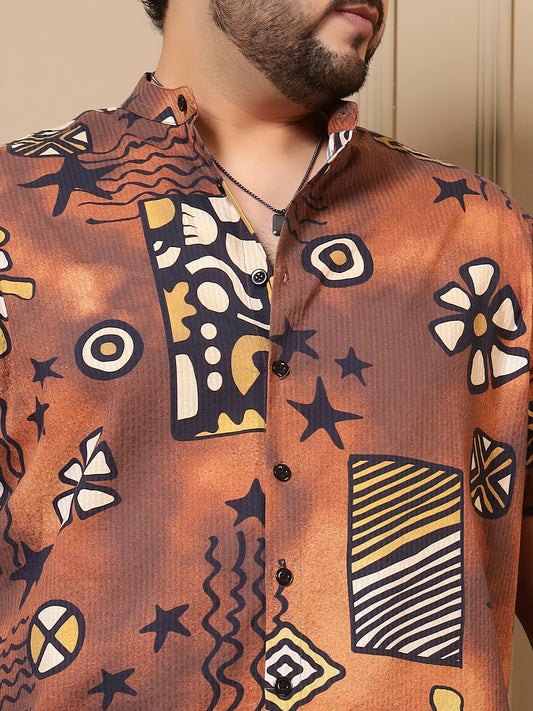 Brown Abstract Printed Shirt With Shorts Men Plus Size Co-ord Set