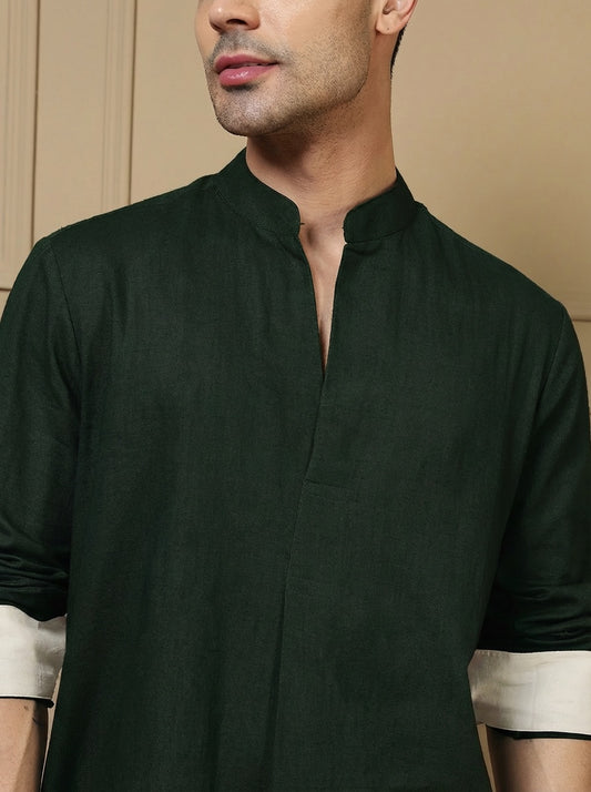 Charcoal Green Solid Pure Cotton Shirt With Pants Co-Ord Set For Men