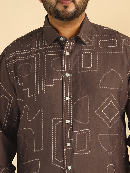 Brown Geometrical Dot Printed Plus Size Men Shirt
