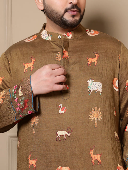 Olive Green Animal Border Printed Men Plus Size Kurta
